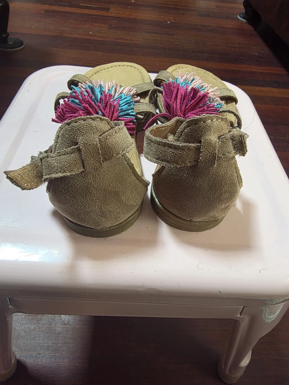 Minnetonka Girls Tan Suede Sandals with Pink, Blue & Light Pink Pom Pom Accents